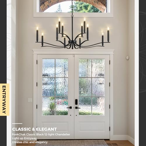 Black Living Room Chandelier 12 Light High Ceiling Foyer Candle Chandelier Large Dining Room Light Fixture Over Table 44in Metal Modern Chandeliers Hanging Light for Entry Master Bedroom (Black / 44 inch)