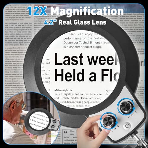 12X Magnifying Glass with Light and Stand (12X 11.8 INCH Base & Clamp)