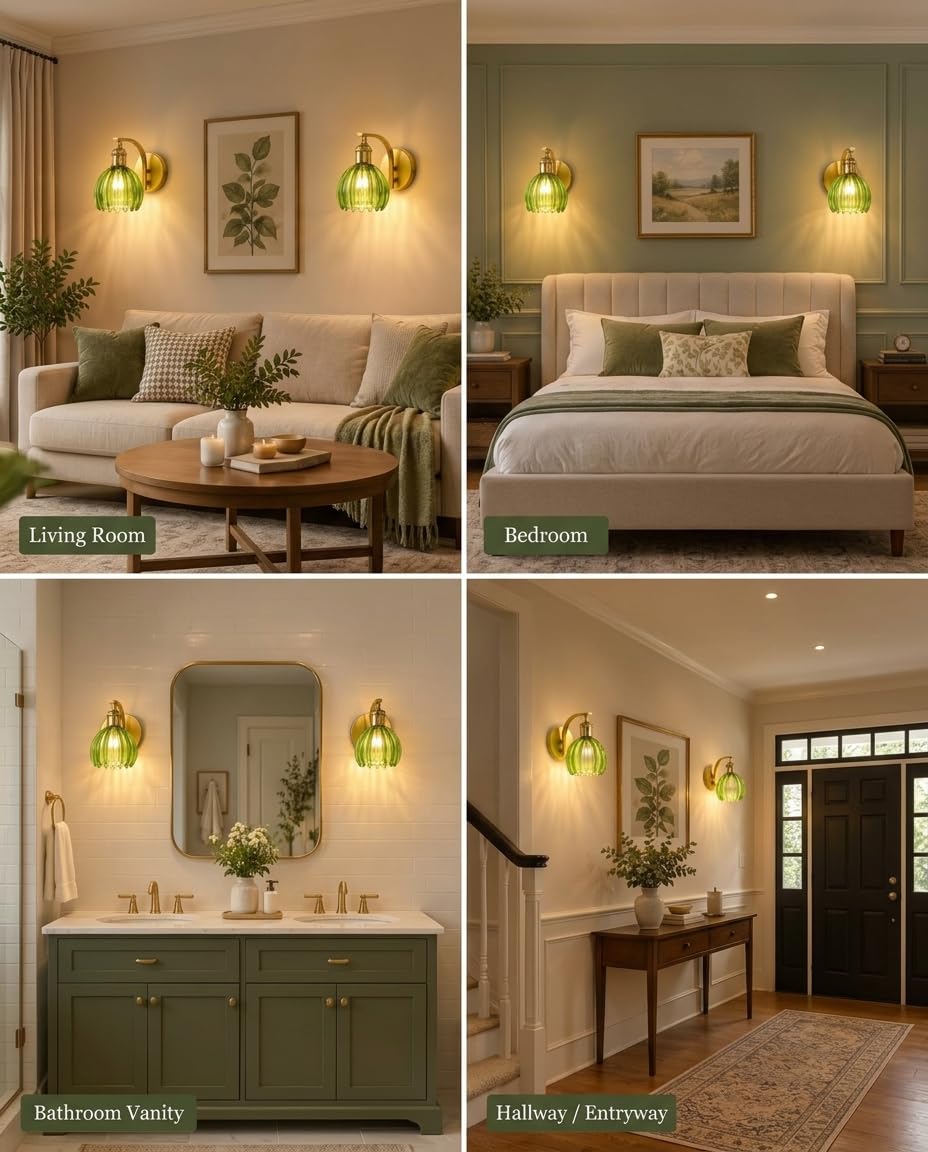 Vintage Brass Hardwired Wall Sconces with Green Tulip Glass Shade (Green)