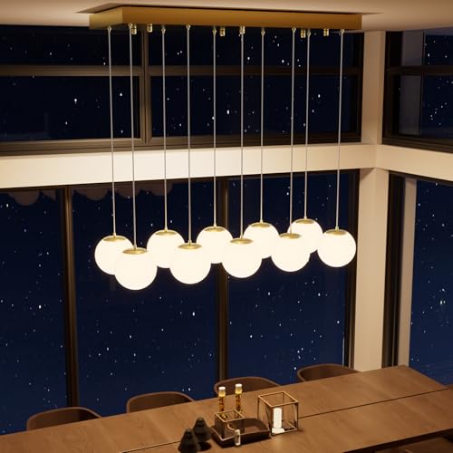 10 Lights Globe Chandelier Gold Pendant Lighting Fixture Hanging Ceiling Light for Dining Room (Gold-White / Rectangle 10-Light)