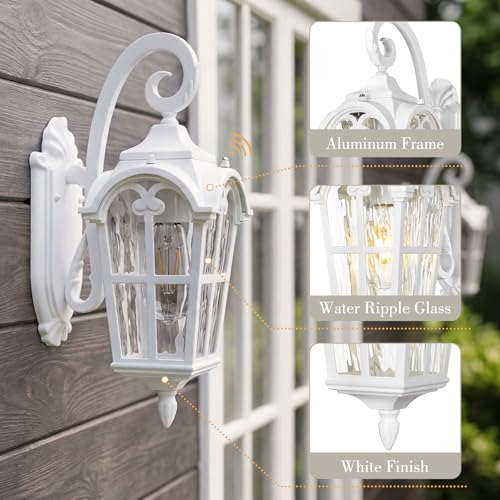 1 Light Dusk to Dawn Wall Lantern (White - Water Ripple Glass / 17.5 Inch - Dusk to Dawn)