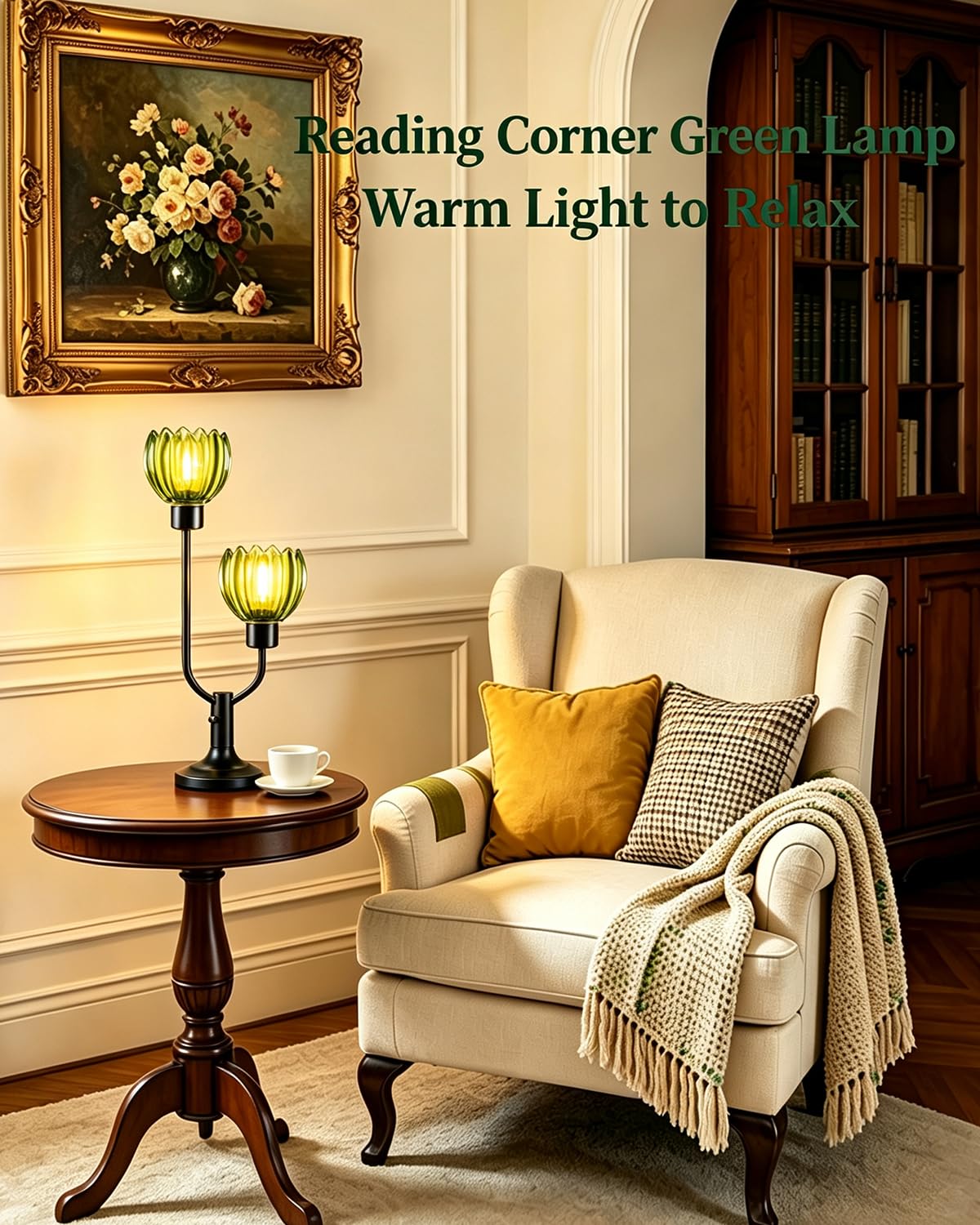 Vintage Green Glass Flower Table Lamp Dimmable Nightstand Lamp (01-Black-Green-Bud)