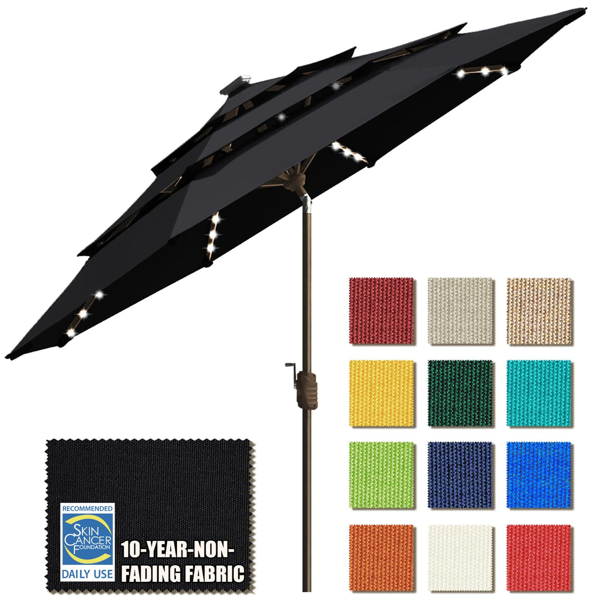 USA 10-Year-Non-Fading Solar Market Umbrella with 80 LED Lights Patio Umbrellas Outdoor Table Umbrella with Ventilation, Black, 9 FT(Triple Vents Tilt) (Black / 9 FT(Triple Vents Tilt))