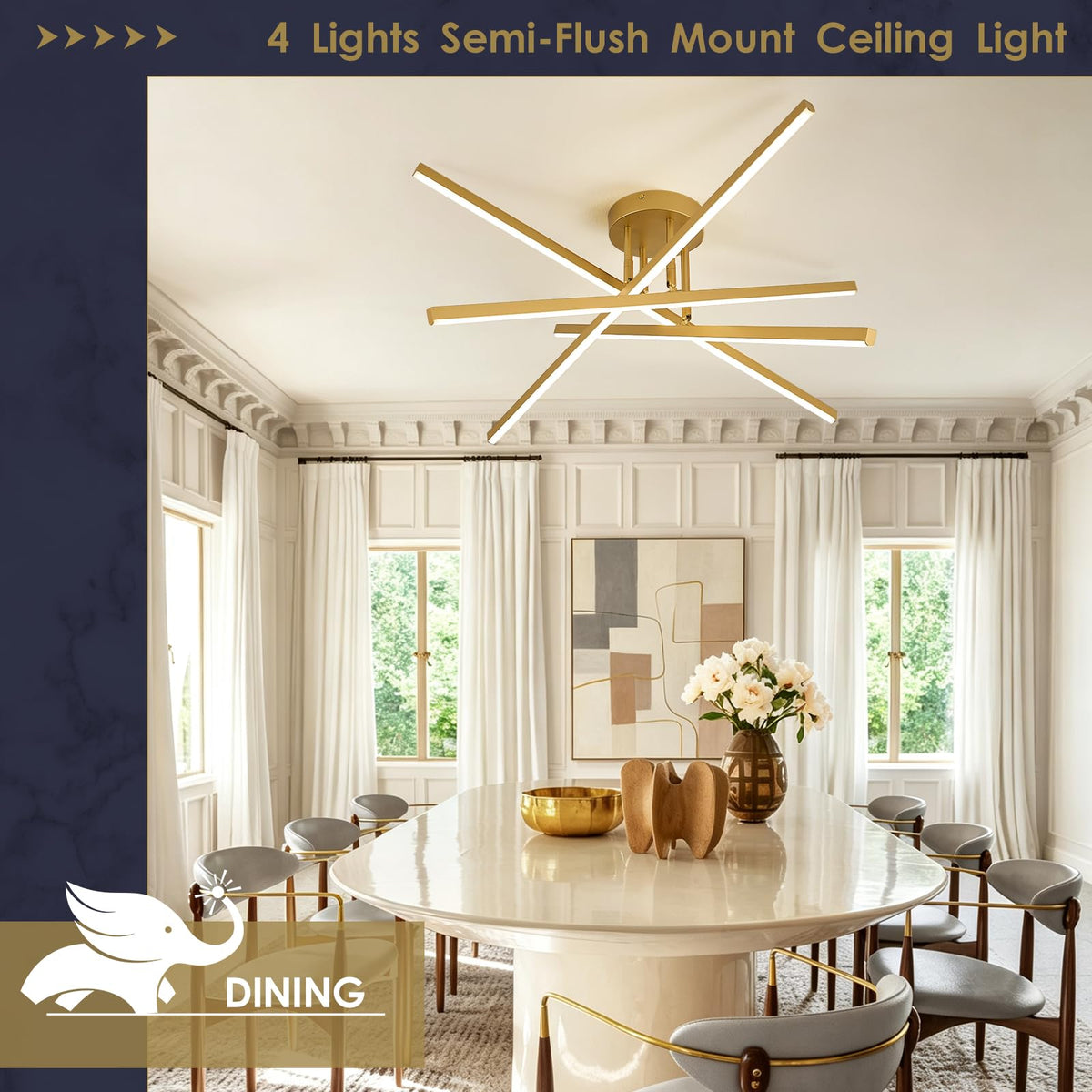 Gold Semi flush Mount Ceiling Light 31.5" LED Chandelier for Living Room (Gold-A / 4 Lights - Remote Control - 31.5")