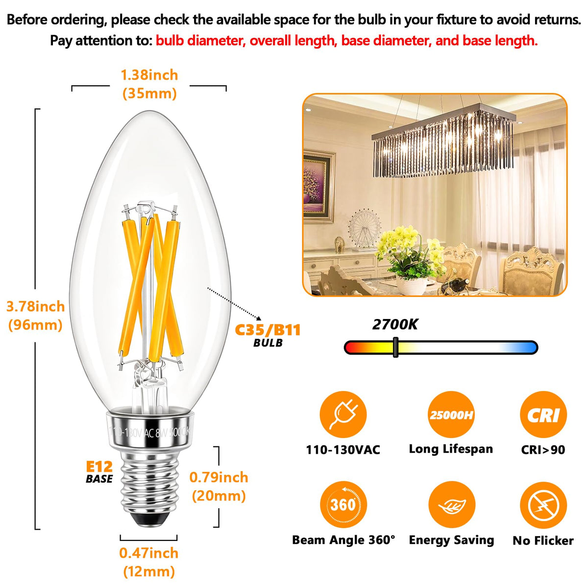 E12 LED Candelabra Bulbs 100 Watt Equivalent (2700k Warm White / ‎100W Equivalent)