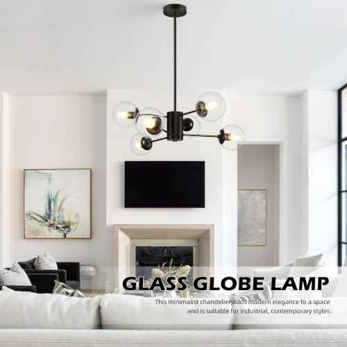 6 Light Globe Sputnik Chandelier Modern Black Sputnik Chandelier Mid Century Pendant Light Matte Black Finished with Clear Globe Glass Lampshade Chandeliers for Dining Room Kitchen (Clear, Black, M)