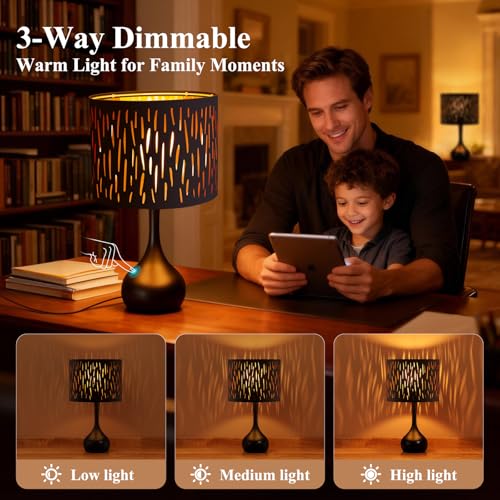 Touch Bedside Lamp for Bedroom (Black Openwork Shade & Black Base)