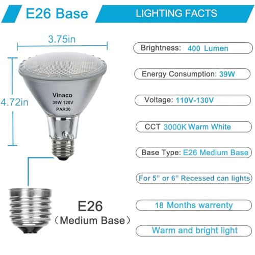 PAR30 Long Neck Halogen Bulb 39W 120V E26 Base Warm White 3000K