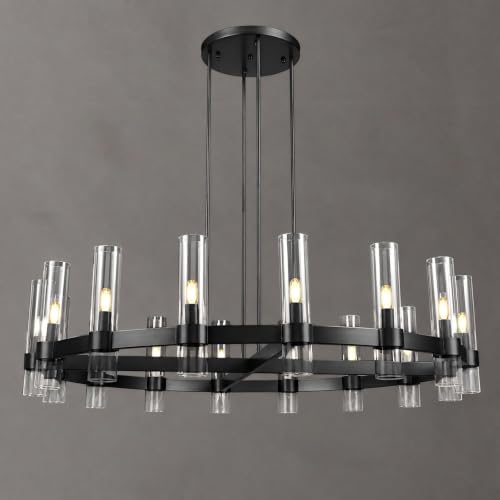 Modern 48" Black Wagon Wheel Chandelier (Black / Round-D48 in-16 Light)