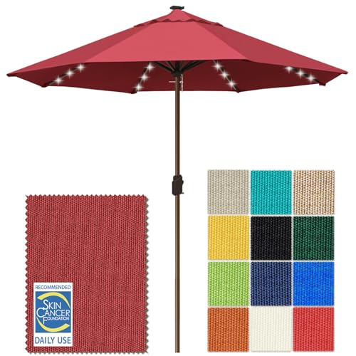 USA 10-Year-Non-Fading 10ft Market Patio Umbrella, Commercial Grade Table Sun Umbrella with 80 Solar LED Lights, Crank Open, Windproof & UPF 50+ UV Protection for Garden, Deck, Pool, Backyard, No Tilt, Burgundy (Burgundy / 10FT(Single Vent No Tilt))