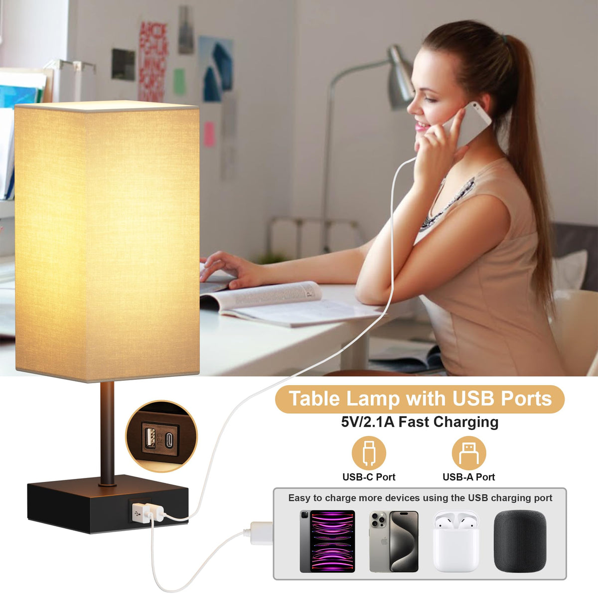 Bedside Table Lamp for Bedroom with 2 USB Ports (Upgraded Beige / 1-Pack)
