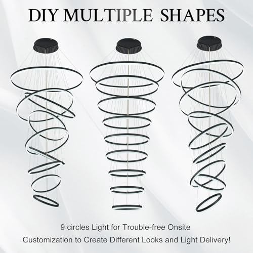 9 Rings D39.4in Modern LED Chandelier Black Dimmable High Ceiling Foyer Chandeliers Entryway with Remote Control for Staircase Entryway Living Room Foyer (Black / 9 Rings 39.4in)