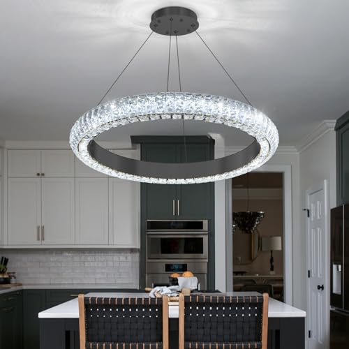 24" Ring Modern LED Dimmable Crystal Chandelier Adjustable Height Pendant Light Round Crystal Chandelier Light Fixtures for Dining Room Living Room Kitchen Island Black (Black / 1 Ring Round 24")
