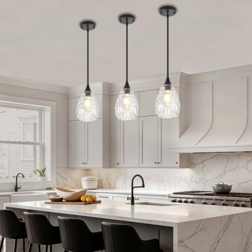 2 Pack Black Pendant Lights Kitchen Island Hammered Glass Light Fixtures (2 Pack Black)