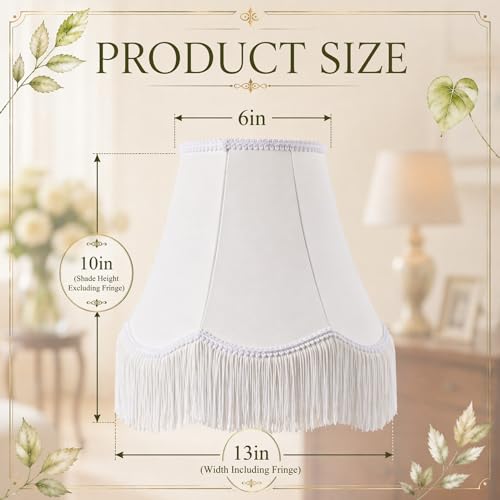 2 Pcs 6 x 13 x 10 Inch Scalloped Lamp Shades with Fringe Trim White Vintage Victorian Bell Lampshades Replacement Fabric Natural Tapered Lampshades Nordic Decor for Wall Sconce Pendant Light (White / 6 x 13 x 10 Inch)