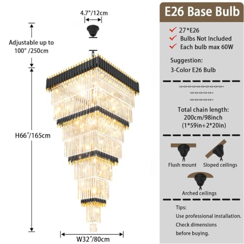 W32in x H94.5in Large Black Gold Crystal Chandelier (D32"XH94.5" Black)