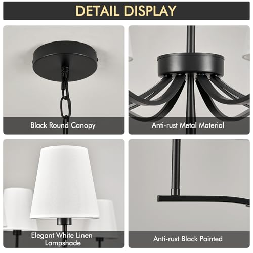 8 Light Black Chandelier with White Linen Shade 44'' Fabric Dining Room Chandeliers Over Table Transitional Living Room Chandeliers for Master Bedroom Entry Hanging Light Fixture Home Office Kitchen (Black & Linen / 43.7 inch)