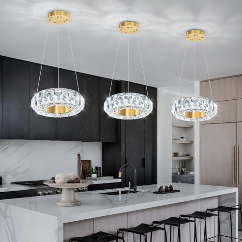 8" Ring Modern LED Dimmable Crystal Chandelier Adjustable Height Pendant Light Round Crystal Chandelier Light Fixtures for Dining Room Living Room Kitchen Island Gold (Gold / 1 Ring Round 8")