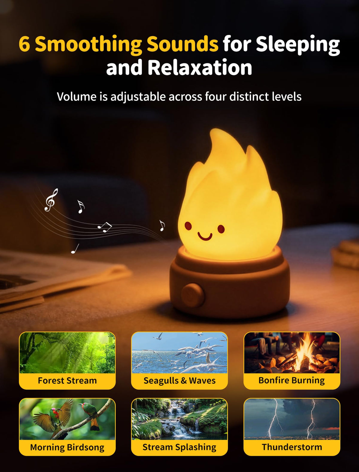 Campfire Night Light with 6 White Noise (New Flame-White Noise)
