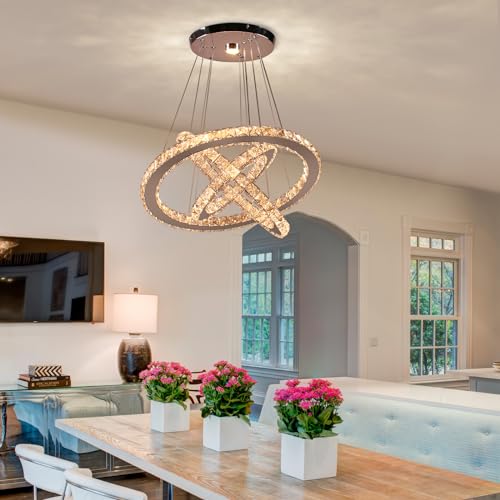 Crystal Chandeliers 4 Rings Chandelier LED Pendant Light Chandelier Ceiling Hanging Light Fixtures for Bedroom Living Room Dining Room Dia