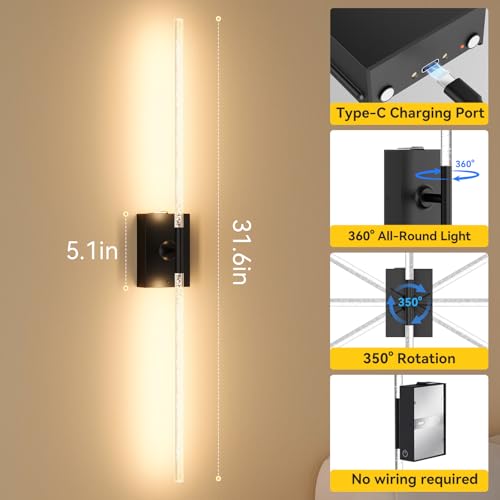 Battery Operated Wall Sconces Set of 2 (Black Bubble Square Base 31.6in)