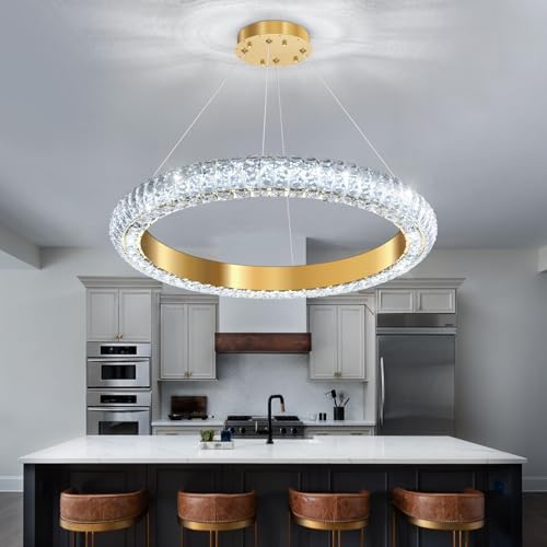 24" Ring Modern LED Dimmable Crystal Chandelier Adjustable Height Pendant Light Round Crystal Chandelier Light Fixtures for Dining Room Living Room Kitchen Island Gold (Gold / 1 Ring Round 24")