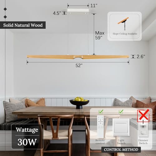 52in LED Linear Chandelier Natural Wood Pendant Light Dimmable (Natural Wood / 51.2'')