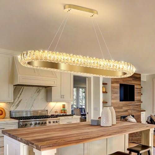 32'' Oval Ring Crystal Chandelier Modern LED Dimmable Ring Pendant Light Chandelier for Dining Room Living Room Gold (Gold / 1 Ring Oval 32")
