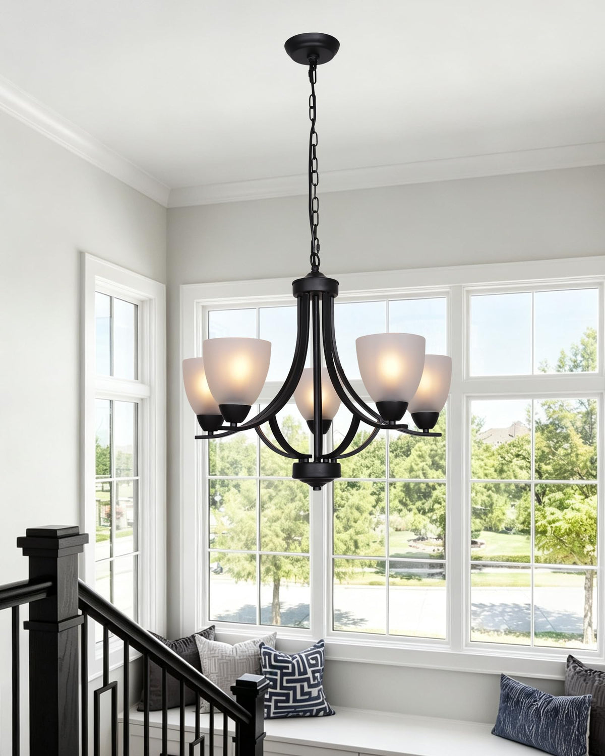 5 Light Shaded Contemporary Chandeliers with Alabaster Glass Black Rustic Light Fixtures Ceiling Hanging Mid Century Modern Pendant Lighting for Dining Room Foyer Bedroom Living Room (Black / 5 Light)