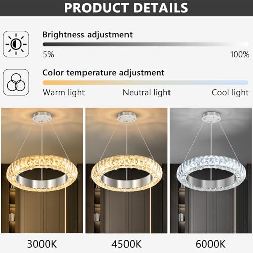 16" Ring Modern LED Dimmable Crystal Chandelier Adjustable Height Pendant Light Round Crystal Chandelier Light Fixtures for Dining Room Living Room Kitchen Island Silver (Silver / 1 Ring Round 16")