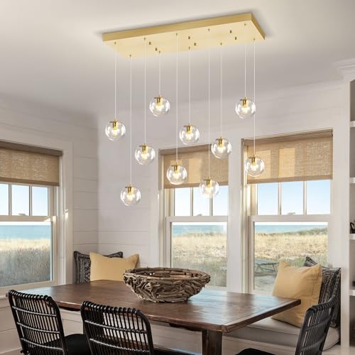 10 Lights Chandeliers for Dining Room Glass Globe Pendant Light Gold Chandeliers Rectangle Pendant Ceiling Light Fixture for Kitchen Island Dining Room Over Table Entryway Lighting Fixture (Gold-Clear / Rectangle 10-Light)