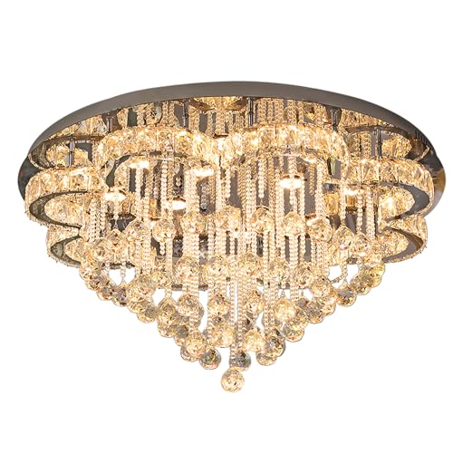 48in Chrome Crystal Chanderliers for Living Room Entryway Modern Crystal Folwer Ceiling Light for Foyer LED Dimmable Lighting 2700k 4500k 6000k (Silver / 48inch)