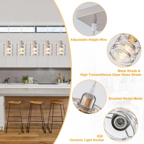 Brushed Nickel 5 Lights Modern Pendant Light for Kitchen Island (Brushed Nickel Clear Glass / 5 Light)