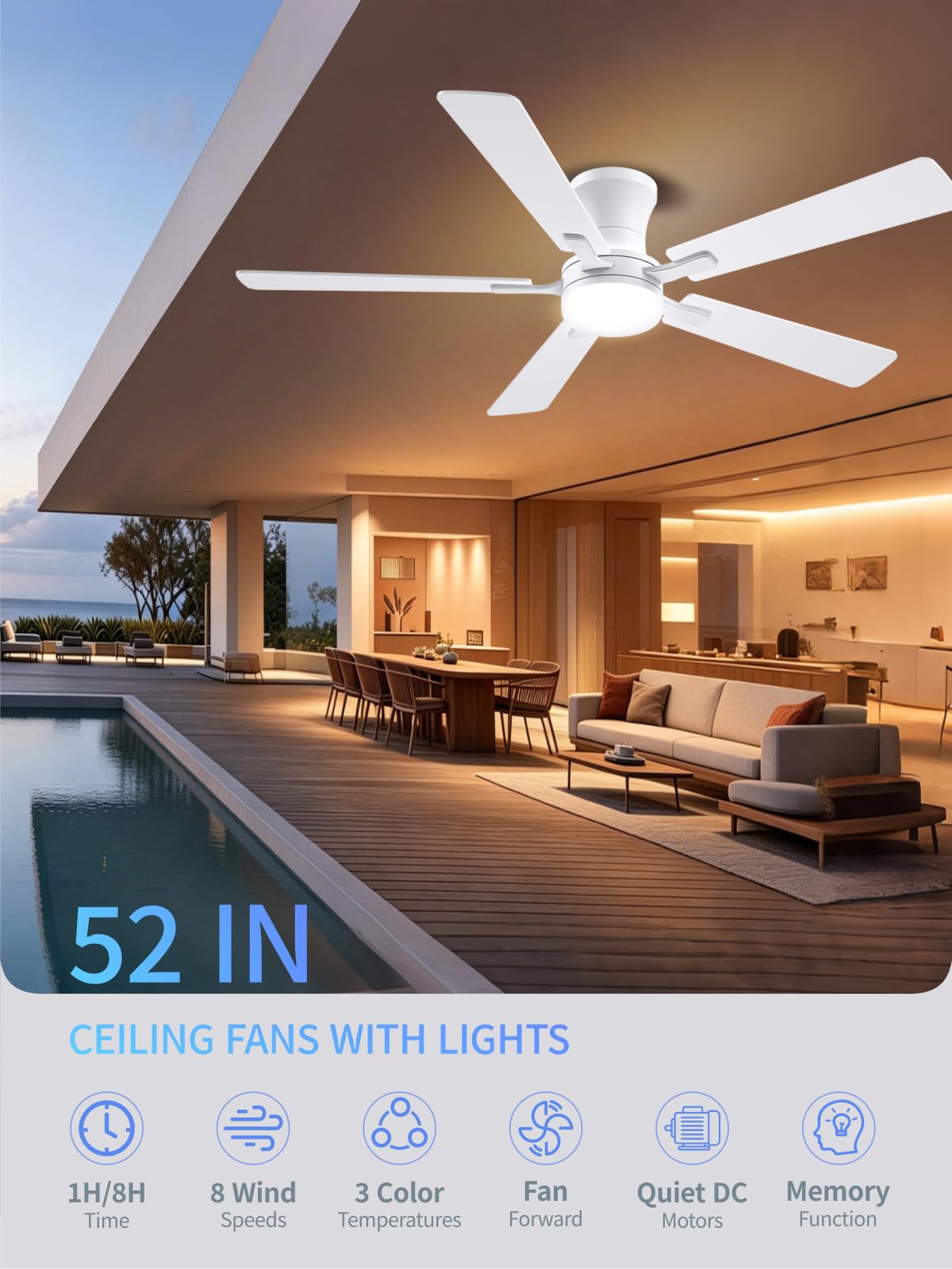 52 Inch White Low Profile Ceiling Fan with Light and Remote (White / 52 Inch)