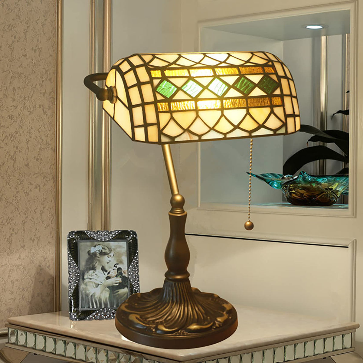 Tiffany Style Bankers Table Lamp Stained Glass Piano Desk Lamp Vintage Bedroom Bedside Lamp for Study (Green e)
