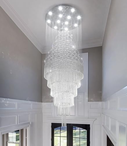W32 x H100 Glam Chandelier with LED Bulbs Crystal Raindrop High Ceiling Pendant Light for Entrance Large Villa Chandelier Foyer Lighting Fixtures Silver (Silver / Round W32" X H100")
