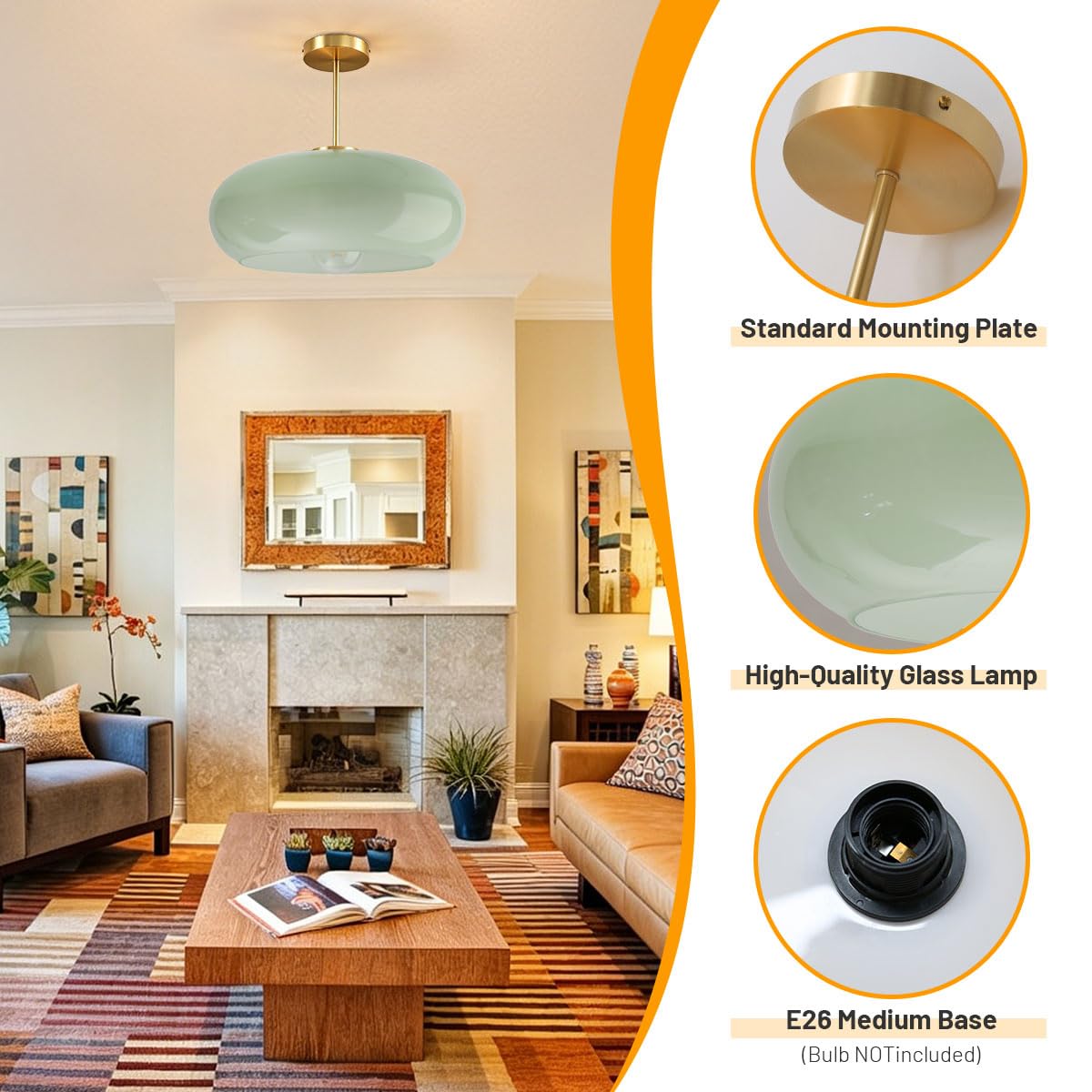 Milk Green Ceiling Light 15.7″Large Mid Century Modern Light Fixture (15.7″-Milk Green)