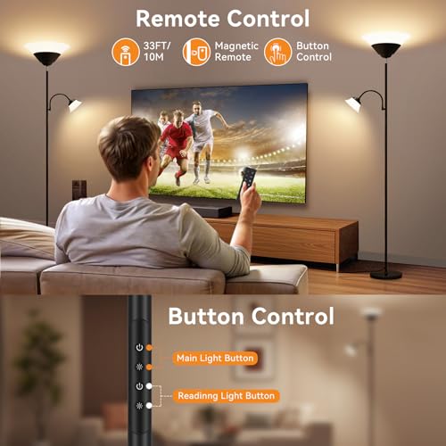 2-in-1 Torchiere Floor Lamp, 34W Super Bright LED Standing Lamp with Remote & Touch Control, 72" Dimmable Adjustable Corner Reading Lamp for Living Room, Bedroom, Office, Black (Black)