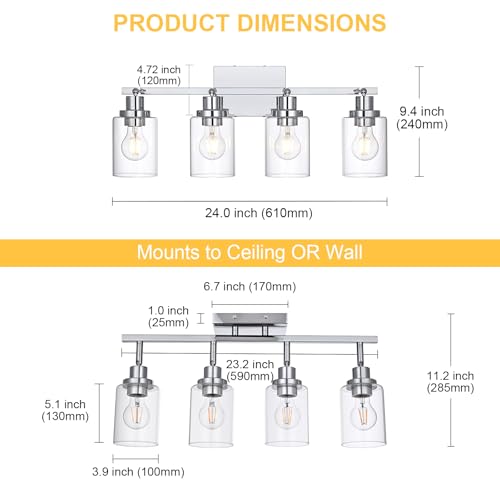 4 Light Track Lighting Kit Ceiling Kitchen Track Lighting Fixtures Chrome Bathroom Vanity Wall Lights with Clear Glass Multi (Chrome / 4-Light)