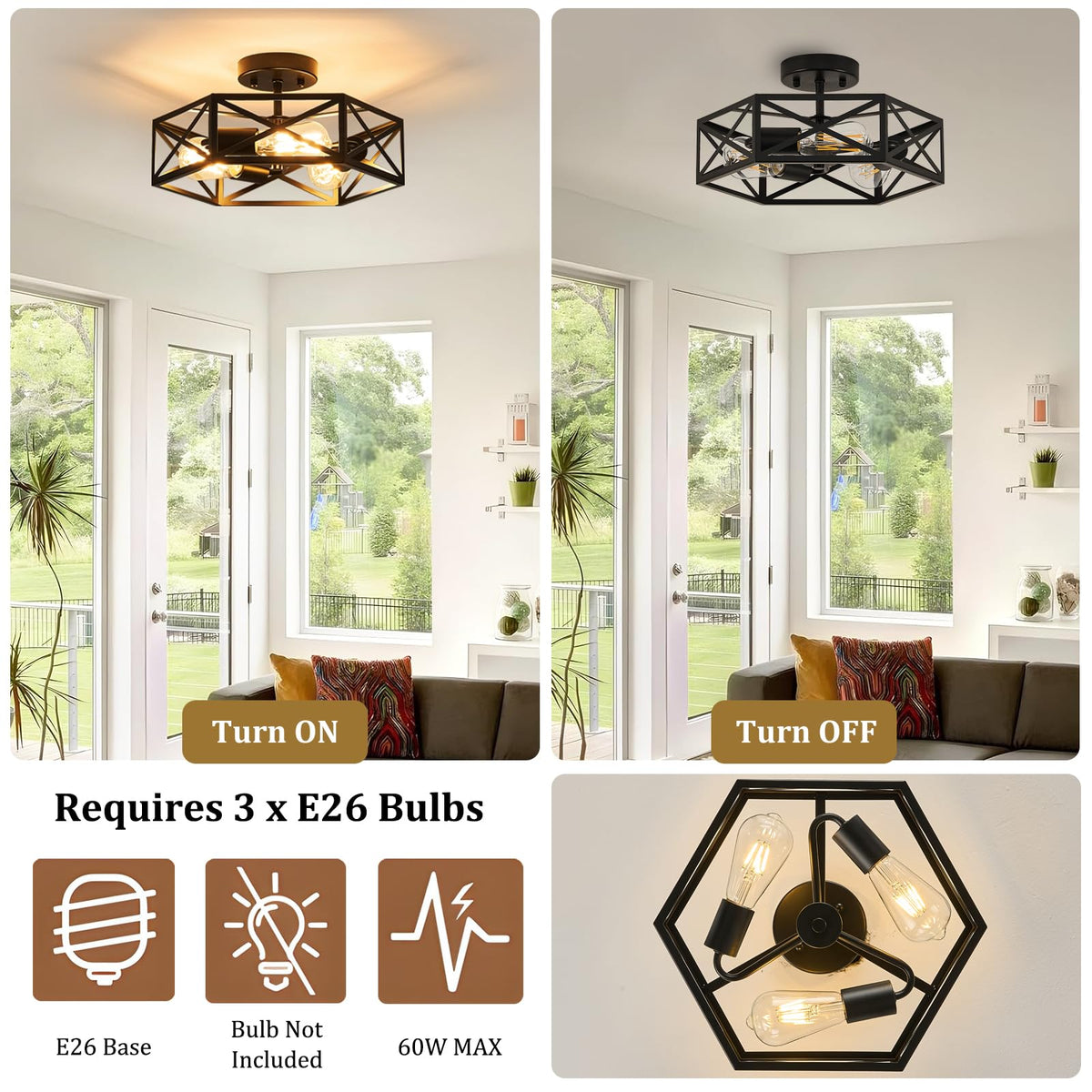 Modern Farmhouse Black Metal Semi Flush Mount Ceiling Light Fixture 14.6 in (14.6 Inch / Black)