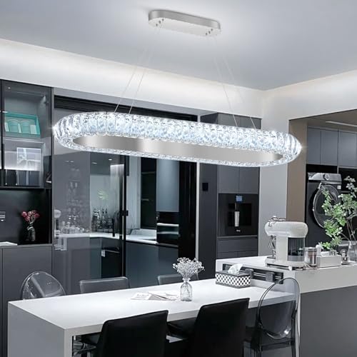 32'' Oval Ring Crystal Chandelier Modern LED Dimmable Ring Pendant Light Chandelier for Dining Room Living Room Silver (Silver / 1 Ring Oval 32")