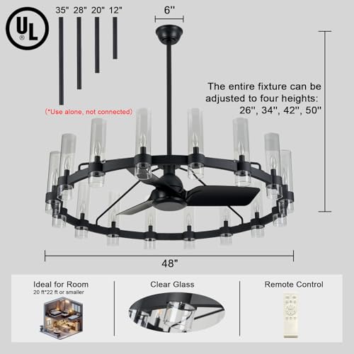 Black Ceiling Fans with 16 Lights Wagon Wheel Chandelier (Black 48"16light)