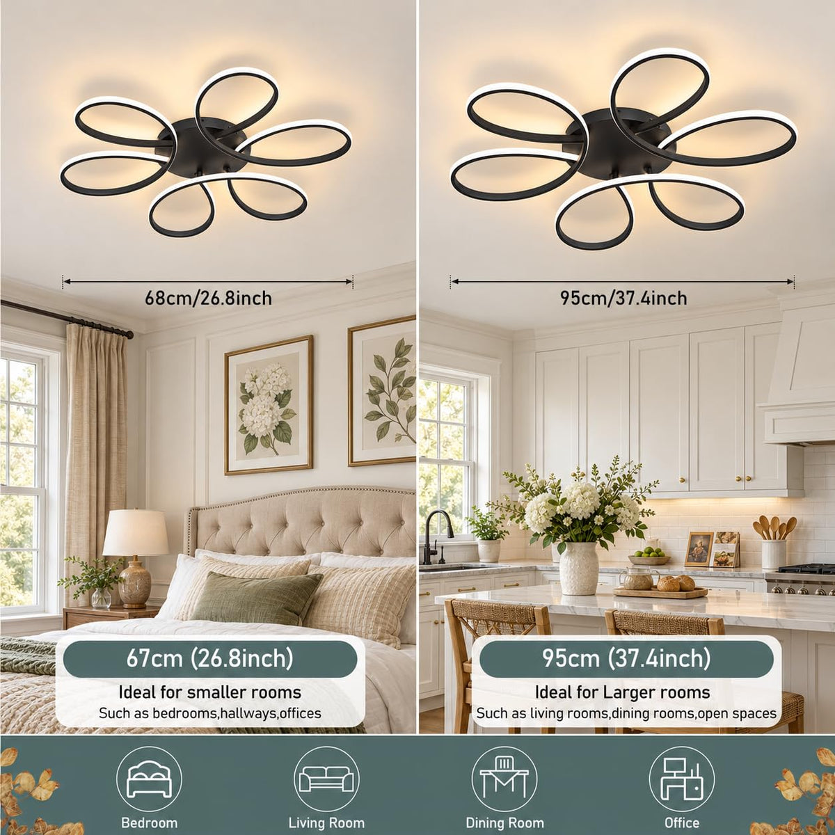 37.4inch Modern LED Ceiling Light (Black / 6RINGS,37.4inch)