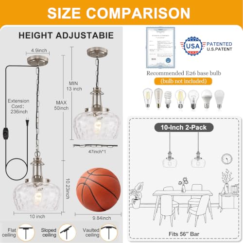 Plug in Pendant Lights Kitchen Island (1 Pack-Brushed Nickel-10"(Plug-and-Play))