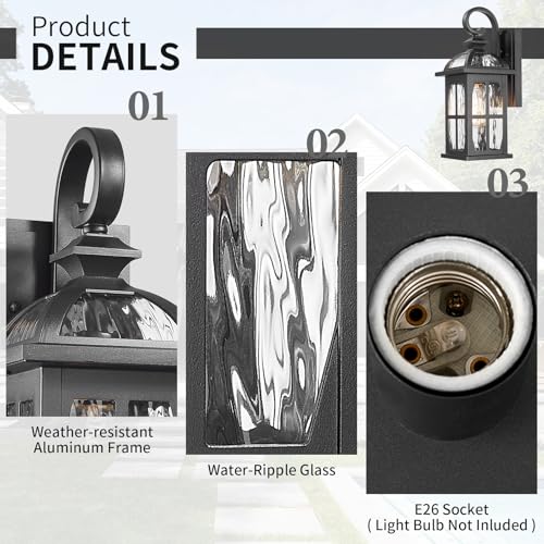 Outdoor Wall Light Exterior Light Fixture with Water Ripple Glass (Black-Water Ripple Glass / Medium-2 Pack)