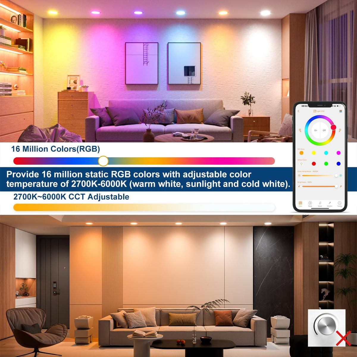 Black Smart Recessed Lighting 6 Inch RGBCW Color Changing 16W LED Downlight with Junction Box (Black)