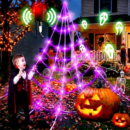 Motion Activated Lighting&Speaking] 20 * 17FT Halloween Spider Web 150 Led Purple Lights Light Up Lighted Triangular Giant Waterproof with 200sqft Cobweb for Outdoor Decor Yard Decoration