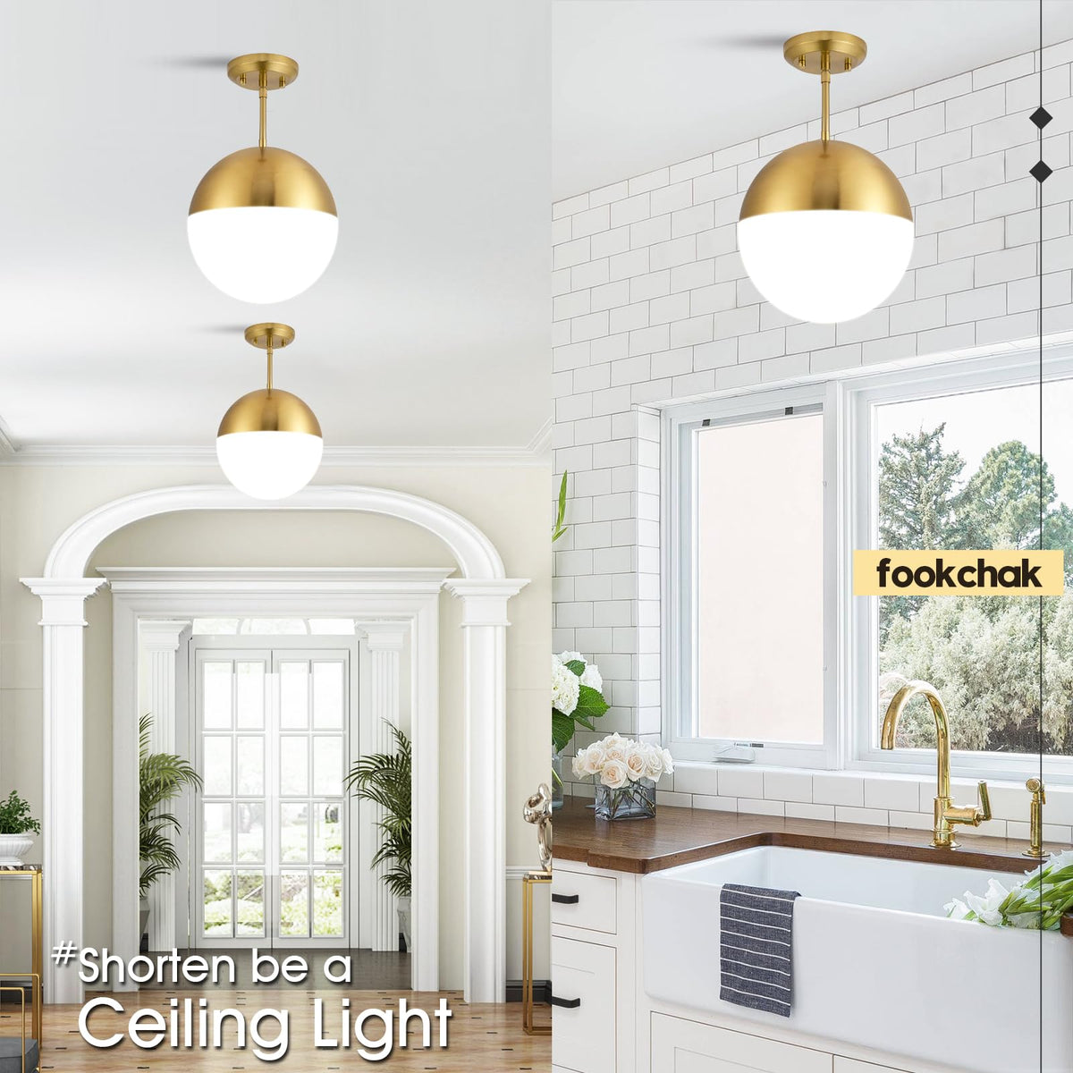 10in Glass Gold Pendant Light Globe Mid Century Modern Kitchen Island Pendant Lighting Brass Frosted Glass Hanging Light Fixtures Milky White Ball Pendant Lights for Dining Room Entry Bathroom (Gold & Milky White)