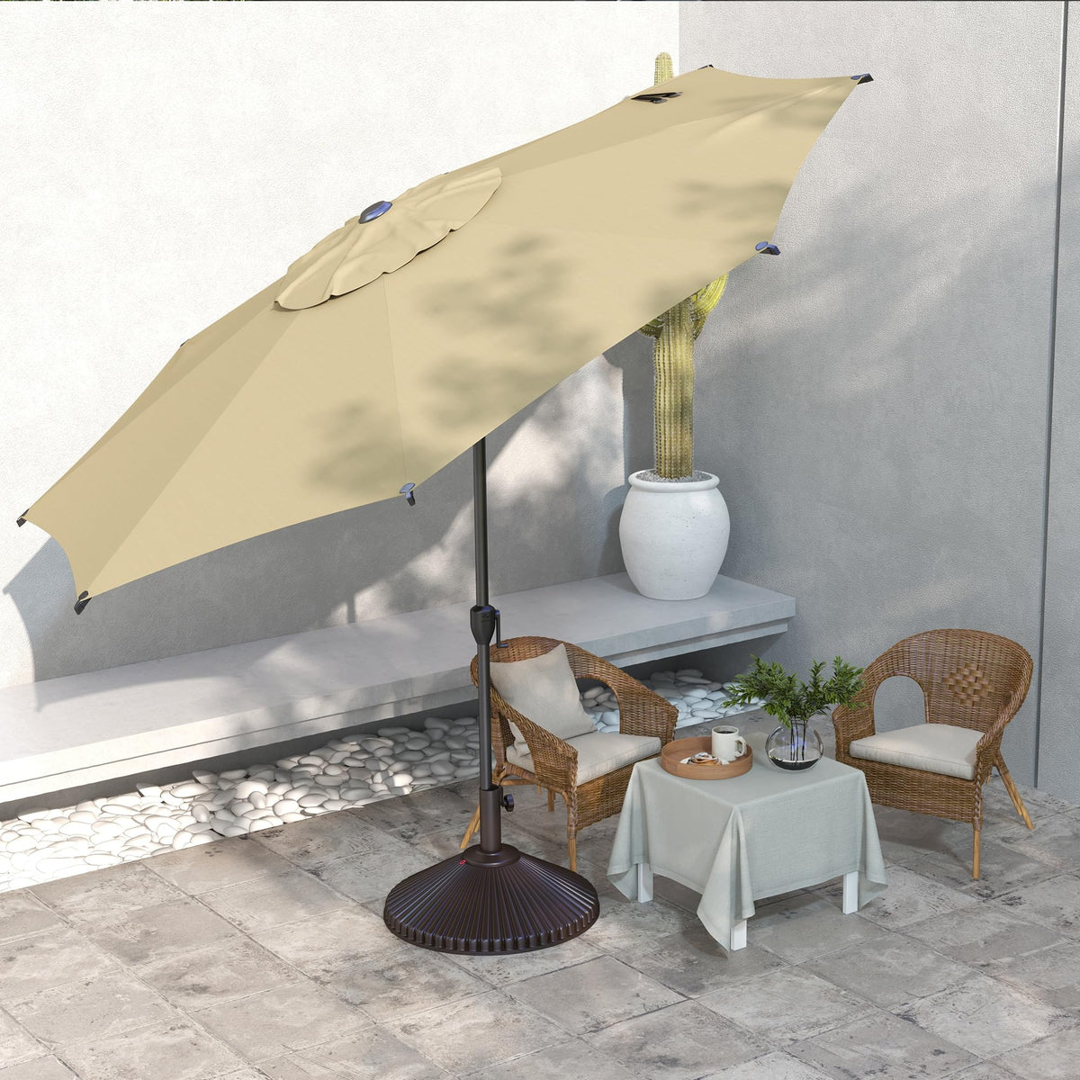 9FT Lyon Outdoor Patio Umbrella Outdoor Table Umbrella with Push Button Tilt and Crank Market Umbrella 8 Sturdy Ribs UV Protection Waterproof for Garden Deck Backyard Pool Tan (9 FT(8 Ribs) / Tan)
