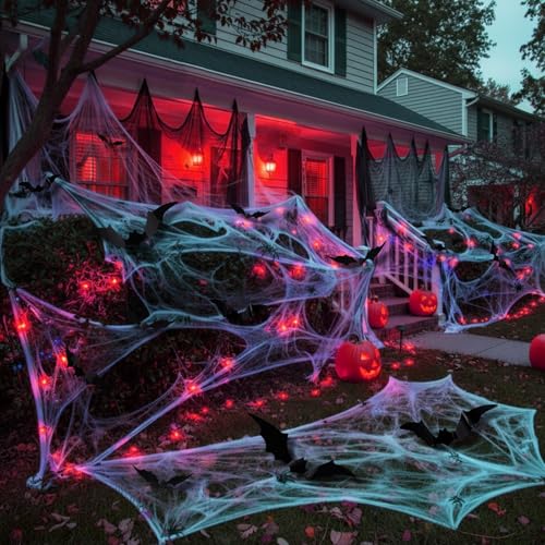 Halloween Spider Web Decorations with 32FT String Lights (Red Light)